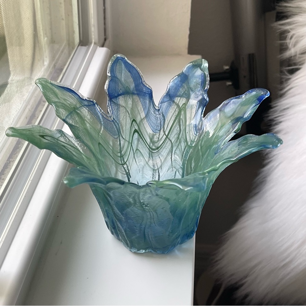 Murano Italy Blue Teal Swirl Glass Art Petal Lotus Sculpture Candle Holder Vase